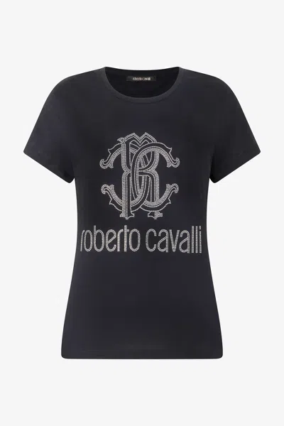 Roberto Cavalli T-shirt With Rc Monogram And Logo With Studs In Black