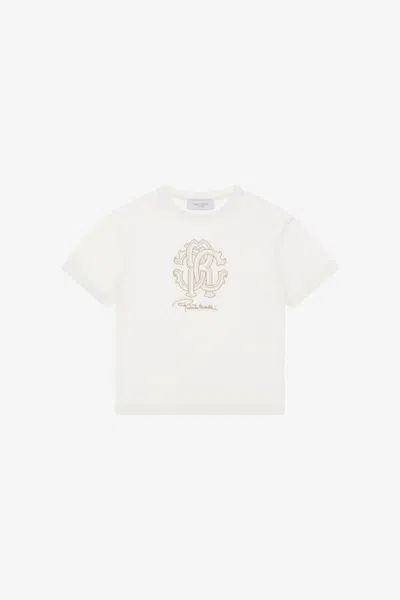 Roberto Cavalli Babies' T-shirt With Rc Monogram Embroidery And Logo In White