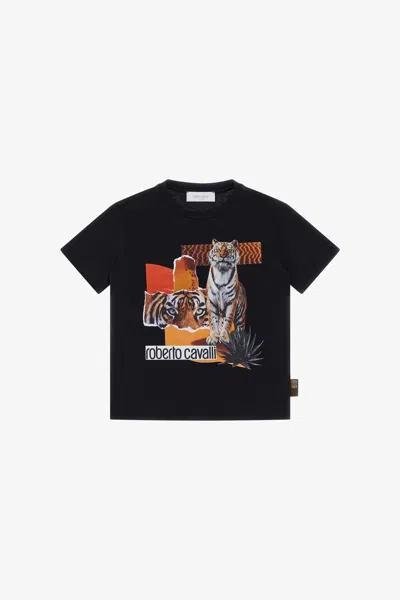 Roberto Cavalli T-shirt With Tiger Print And Logo In Black