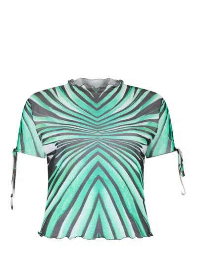 Roberto Cavalli Ray Of Sea Printed Stretch Tulle T-shirt In Green