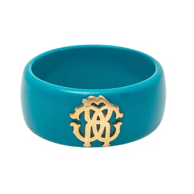 Roberto Cavalli Teal Blue Logo Wide Bangle Bracelet