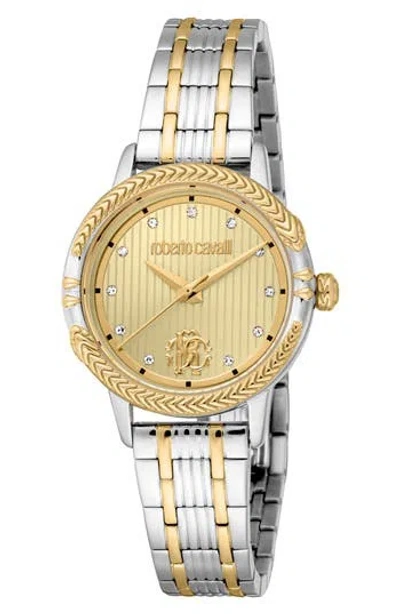 Roberto Cavalli Textured Crystal Two-tone Quartz Bracelet Watch, 30mm In Gold