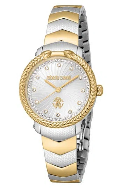 Roberto Cavalli Textured Crystal Two-tone Quartz Bracelet Watch, 30mm In Gold