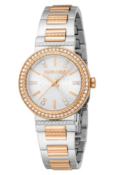 Roberto Cavalli Textured Crystal Two-tone Quartz Bracelet Watch, 30mm In Gold