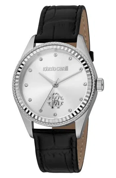 Roberto Cavalli Three-hand Quartz Croc Embossed Leather Strap Watch, 39mm In Black