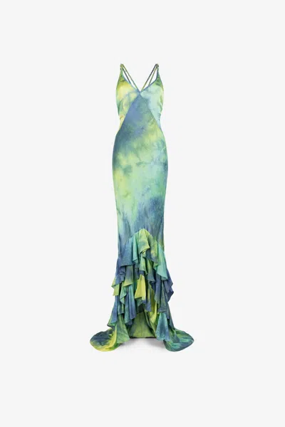 Roberto Cavalli Tie-dye Print Ruffle-hem Maxi Dress In Light Green/light Blue