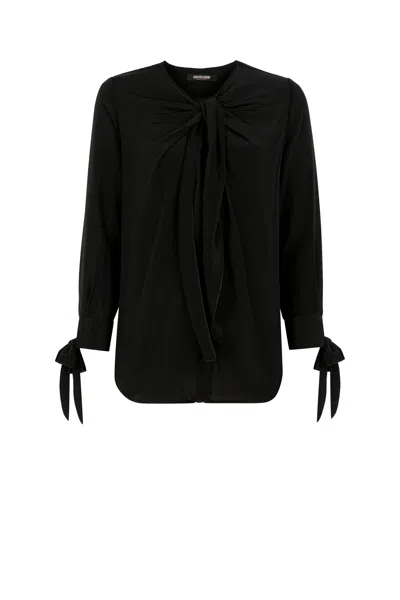 Roberto Cavalli Tie-front Silk Top In Black