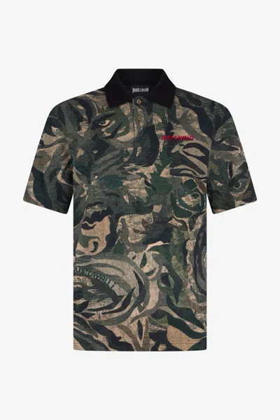 Roberto Cavalli Tiger Camu Print Polo In Gray