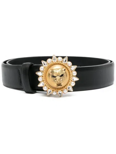 Roberto Cavalli Embellished Tiger-motif Belt In Black