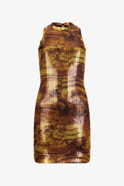 Roberto Cavalli Tiger Eye Print Dress Mini In Brown