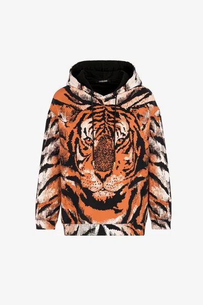 Roberto Cavalli Tiger-print Cotton Hoodie In Orange