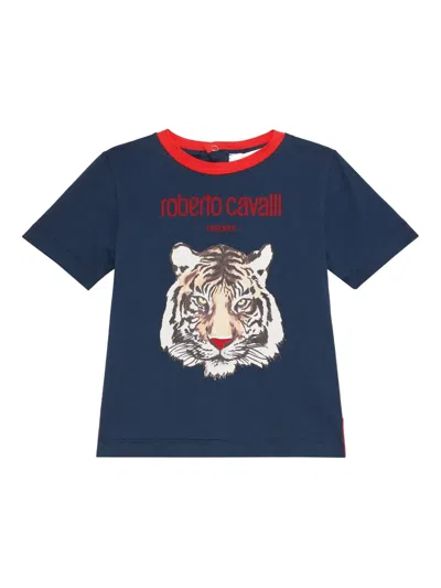 Roberto Cavalli Babies' Tiger-print Crew-neck T-shirt In Blue