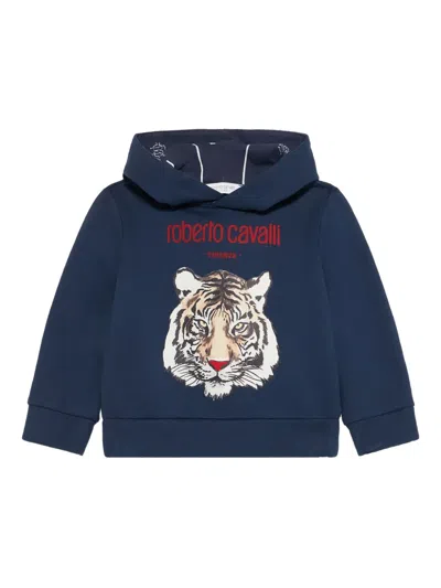 Roberto Cavalli Babies' Tiger-print Hooded Sweatshirt In Blue