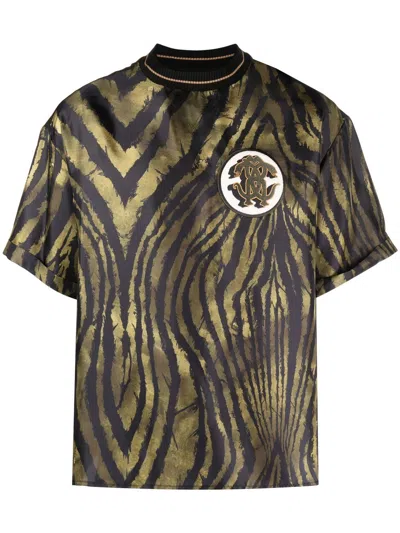 Roberto Cavalli Tiger-print Logo-patch Silk T-shirt In Green