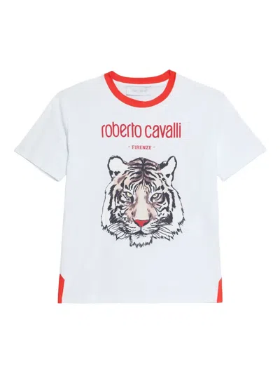 Roberto Cavalli Kids' Tiger-print Panelled T-shirt In White