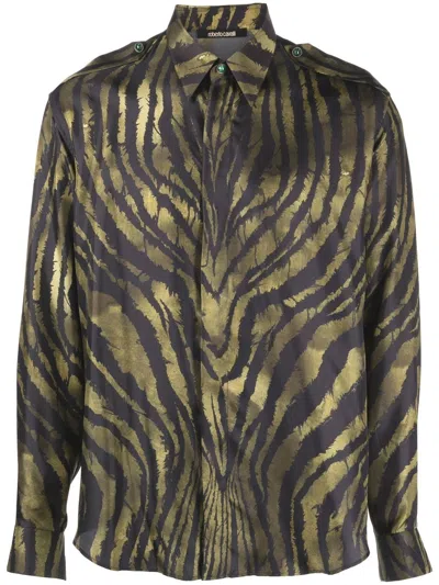 Roberto Cavalli Tiger-print Silk Shirt In Dark Green/black
