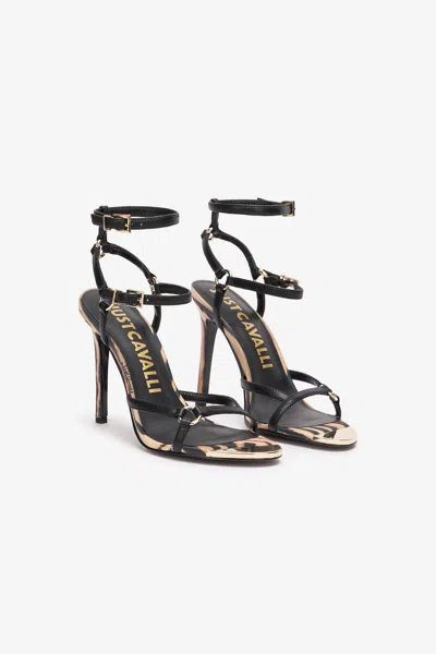 Roberto Cavalli Tiger Skin Sandals With Straps In Black