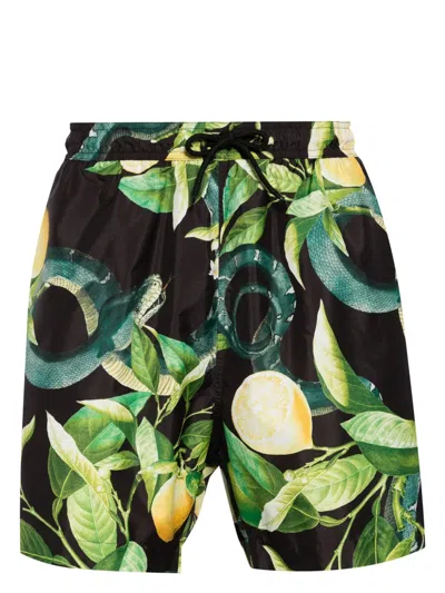 Roberto Cavalli Tiger Tooth-detailed Lemon-print Swim Shorts In Black