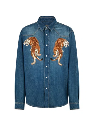 Roberto Cavalli Denim Shirt With Tiger Embroidery In Blue