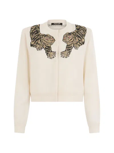 Roberto Cavalli Wool Cardigan With Tiger Embroidery In Neutral