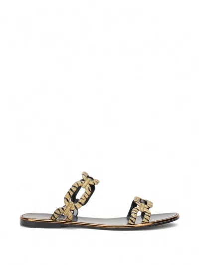 Roberto Cavalli Tiger-print Chain-link Sandals In Gold