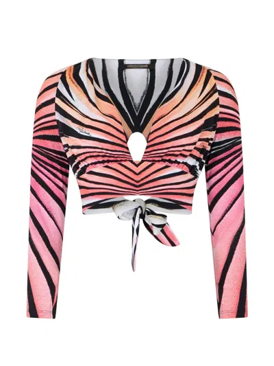 Roberto Cavalli Tiger-print Tie-fastening Top In Black