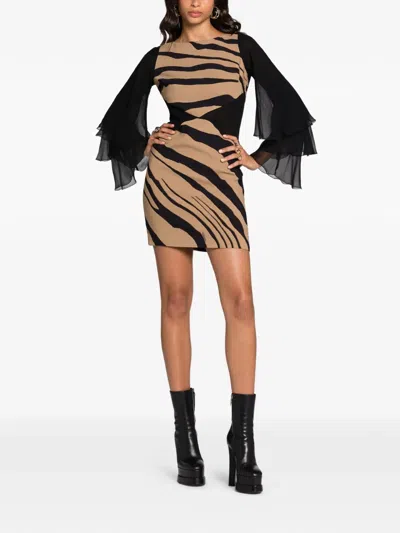 Roberto Cavalli Tiger-print Tiered-sleeve Dress In Neutral