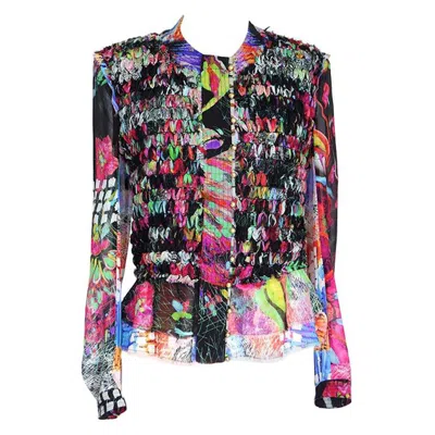 Pre-owned Roberto Cavalli Top Blouse Intricate Ribbon Vivid Colors 44 / 10 Fits 8 In Black