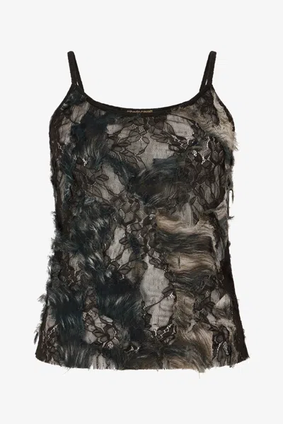 Roberto Cavalli Top Mit Fur-print Auf Spitze In Destroyed-optik In Black
