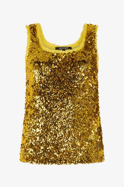 Roberto Cavalli Gold Sequin Top In Yellow