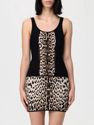 Roberto Cavalli Sleeveless Animal Print Top With Studded Detail In Black