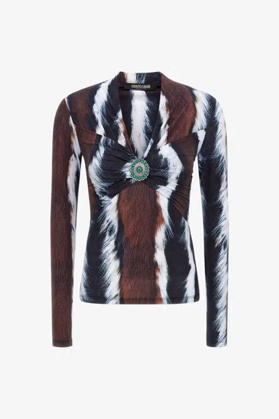 Roberto Cavalli Top With Decoration And Ruches In Dark Brown/white