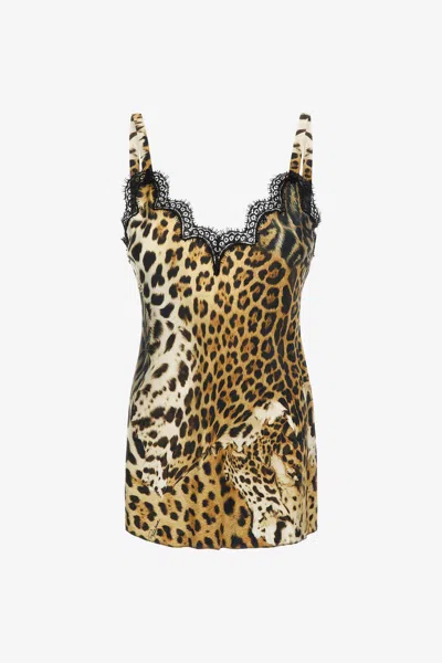Roberto Cavalli Top With Jaguar Skin Print In Light Brown