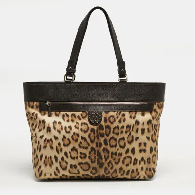 Roberto Cavalli Top Zip Brown Leopard Print Fabric And Leather Totes