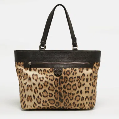 Roberto Cavalli Top Zip Brown Leopard Print Fabric And Leather Totes In White