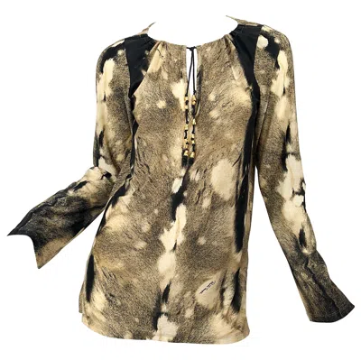 Pre-owned Roberto Cavalli Trompe L'oeil Faux Fur Print Brown Beaded Jersey Tunic 90s Shirt