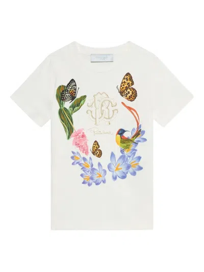 Roberto Cavalli Kids' Tropical-print Logo T-shirt In White