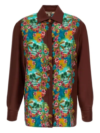 Roberto Cavalli Tropical-print Silk Shirt In Brown