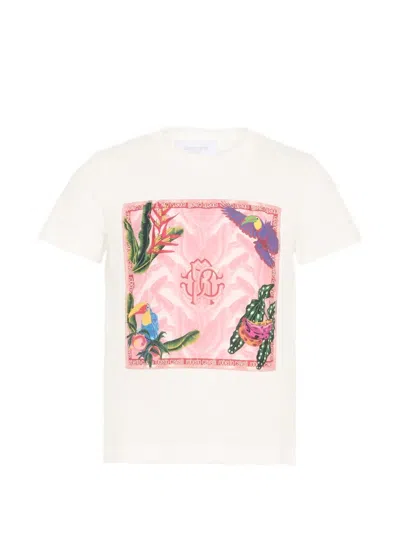 Roberto Cavalli Kids' Tropical-print Monogram T-shirt In Neutral