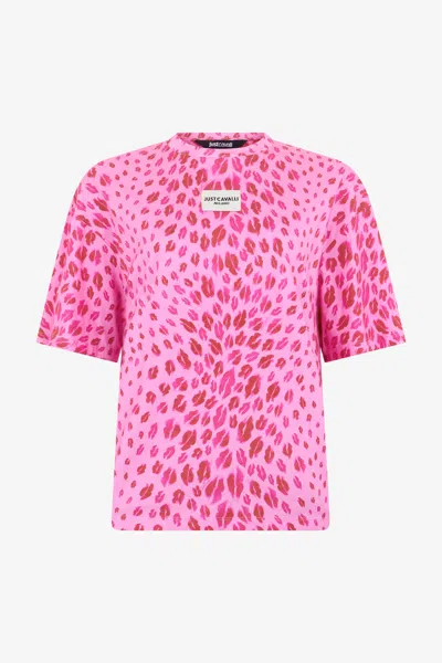 Roberto Cavalli The Jaguar Kiss Print T-shirt In Pink