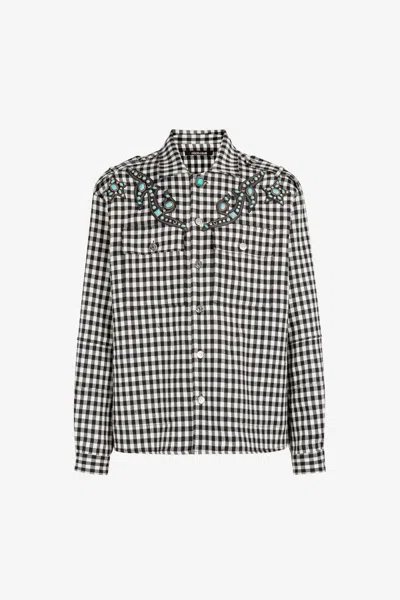Roberto Cavalli Turquoise-embellished Gingham Jacket In Black/white