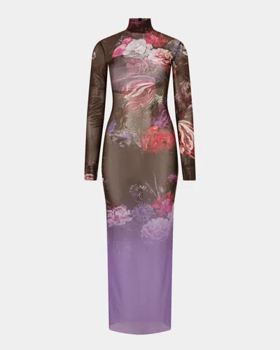 Roberto Cavalli Turtleneck Bouquet-print Metallic Mesh Long-sleeve Maxi Dress In Black