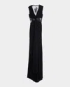 Roberto Cavalli Twisted Plunging Lace-inset Sleeveless Gown In Black