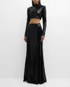 ROBERTO CAVALLI TWO-PIECE MOCK-NECK LONG-SLEEVE SEQUINED GOWN