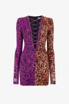 Roberto Cavalli Jersey Printed Lace-up V Neck Mini Dress In Purple