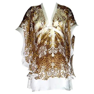 Pre-owned Roberto Cavalli Unworn  Animal Wild Cat Cheetah Floral Print Silk Tunic 42 In Sand