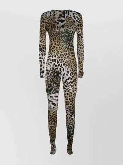 Roberto Cavalli V Neck Slim Fit Animal Print Knitwear In Brown