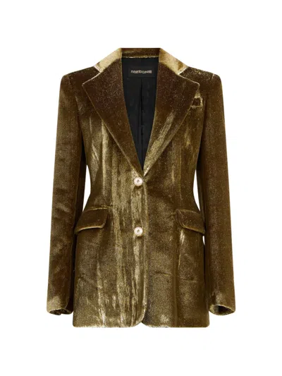 Roberto Cavalli Velvet Blazer In Gold