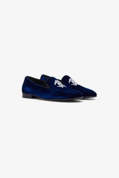 Roberto Cavalli Velvet Loafers With Monogram Mirror Snake In Dark Blue