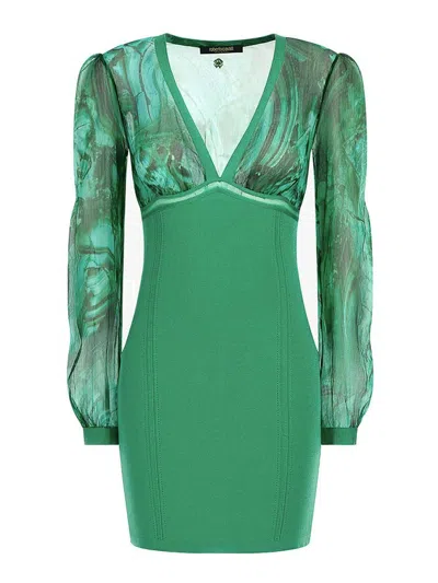 Roberto Cavalli V-neckline Fitted Silhouette Mini Length Sheer Long Sleeves In Green